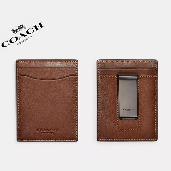 ❤️ Coach Leather Money Clip Card Case Dark Saddle/Dark Saddle Retail - Picture 1 of 6